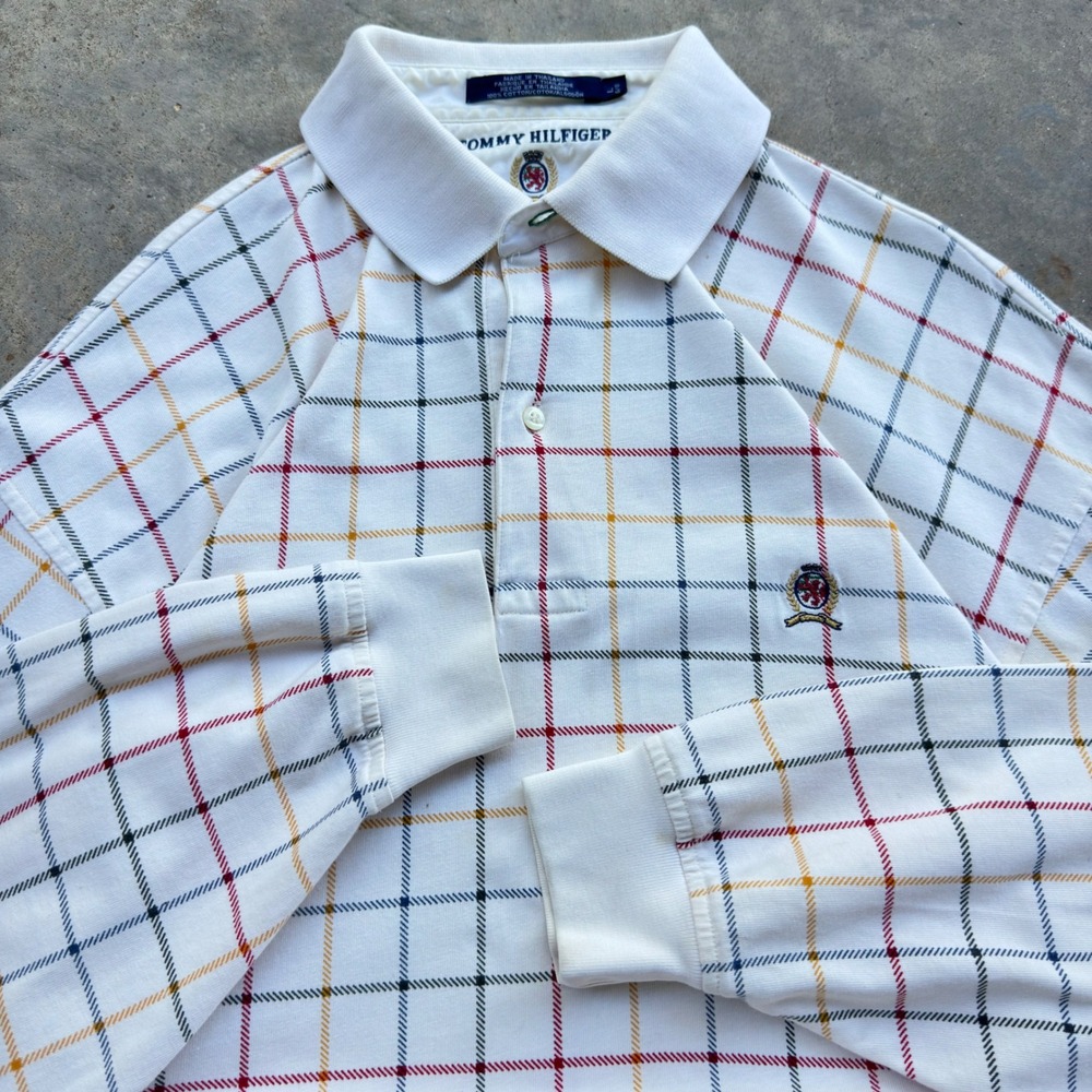 Vintage 90s Tommy Hilfiger Rugby Grid Stripe Polo Shirt White Large k4